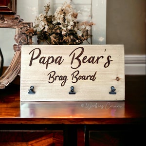 Papa gifts, Papa&#39;s Brag Board, Gift for Papa, Wood burned Picture Frame with 3 Clips, Papa Father&#39;s Day gift, Personalized Dad Gifts