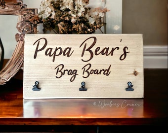 Papa gifts, Papa's Brag Board, Gift for Papa, Wood burned Picture Frame with 3 Clips, Papa Father's Day gift, Personalized Dad Gifts