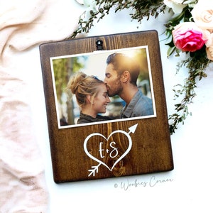 Heart with Initials Picture Frame for Couples | Personalized Rustic Wedding Photo Gifts |  Unique Anniversary Gift for Boyfriend Girlfriend