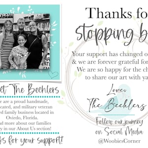 May include: A black and white photo of a family of three standing in front of a bookshelf. The family is smiling and holding a bouquet of flowers. The text "Meet The Beehlers" is written in blue and white on a turquoise background. The text "Thanks for your Support!" is written in blue and white on a turquoise background. The text "Love The Beehlers" is written in blue and white on a turquoise background. The text "Follow our journey on Social Media @WoobiesCorner" is written in blue and white on a turquoise background.