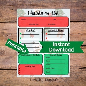 Druckbare Weihnachtsliste | Wunschliste für Santa | Digitaler Download | Junge oder Mädchen | Feiertage