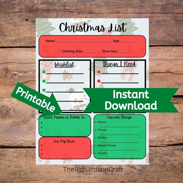 Printable Christmas List | Wishlist for Santa | Digital Download | Boy or Girl | Holidays
