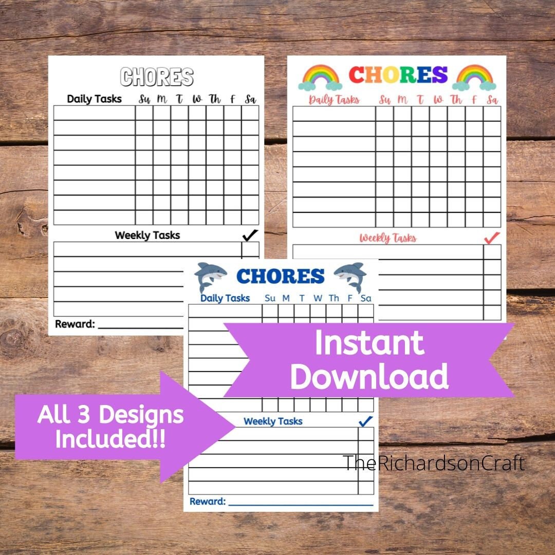 Printable Chore Charts for Kids 3 Designs Included Daily - Etsy