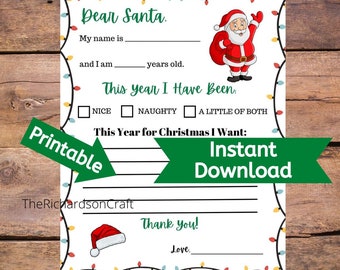 Dear Santa Letter | Instant Download | Christmas Letter to Santa for Kids | Printable Letter to Santa | Christmas Wishlist