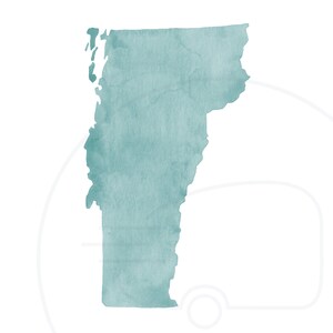 May include: Watercolor-style illustration of the state of Vermont in a teal hue. The map is set against a white background with a faint outline of a vehicle.