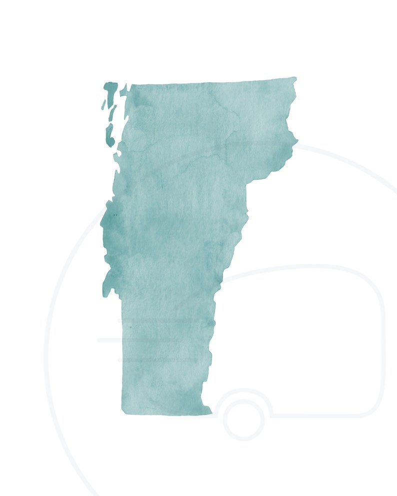 May include: Watercolor-style illustration of the state of Vermont in a teal hue. The map is set against a white background with a faint outline of a vehicle.