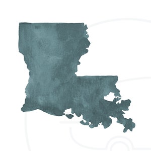May include: A teal watercolor-style illustration of the state of Louisiana against a white background. The state's outline is filled with a textured teal color, with the shape of the state clearly defined. The image has a simple, clean aesthetic.
