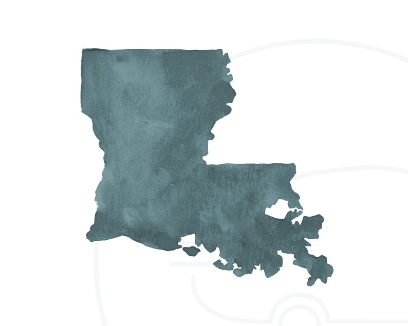 May include: A teal watercolor-style illustration of the state of Louisiana against a white background. The state's outline is filled with a textured teal color, with the shape of the state clearly defined. The image has a simple, clean aesthetic.