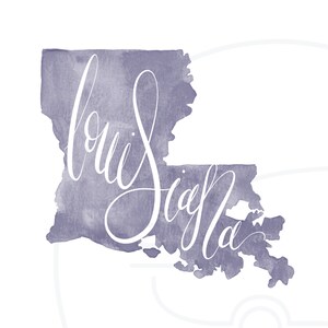 May include: A watercolor-style illustration of the state of Louisiana in a muted purple hue. The state's outline is filled with a textured wash, and the word "Louisiana" is written in elegant white script across the image.