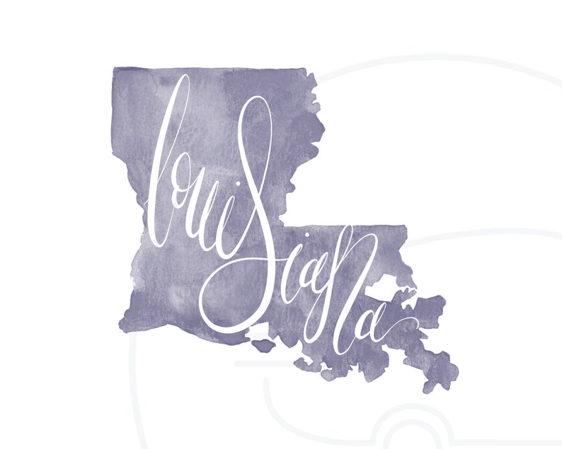 May include: A watercolor-style illustration of the state of Louisiana in a muted purple hue. The state's outline is filled with a textured wash, and the word "Louisiana" is written in elegant white script across the image.