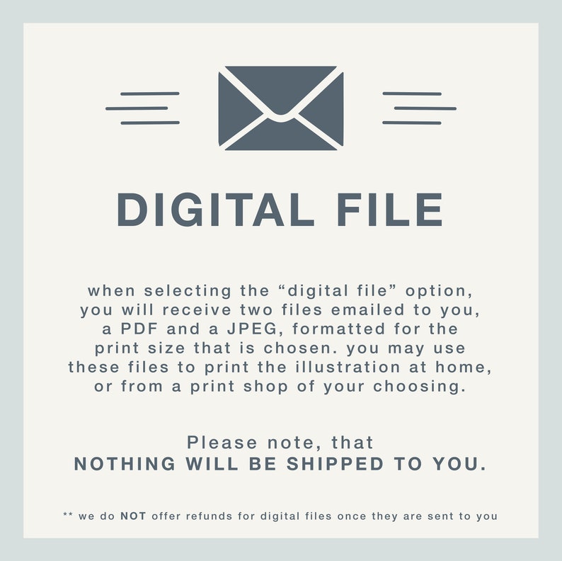 May include: A digital file announcement with a gray envelope icon and the words "DIGITAL FILE." The text explains that the buyer will receive a PDF and JPEG file via email, and nothing will be shipped. The text also states that refunds are not offered for digital files.