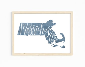 Massachusetts Hand Lettering Watercolor Print INSTANT DIGITAL DOWNLOAD