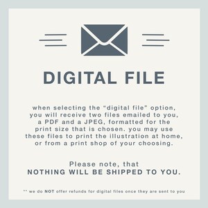 May include: A digital file announcement with a gray envelope icon and the words "DIGITAL FILE." The text explains that the buyer will receive a PDF and JPEG file, and that nothing will be shipped.