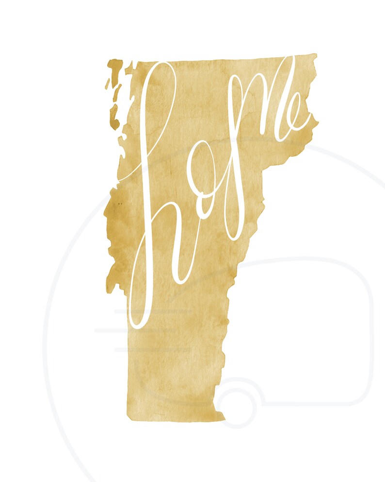 May include: A watercolor-style print of the state of Vermont in a golden hue. The word "home" is written in elegant white script across the state's outline. The background is white.