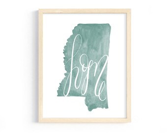 Mississippi Home Print. Mississippi Art Print. Mississippi Housewarming Gift. Watercolor Illustration. Personalized Watercolor Print