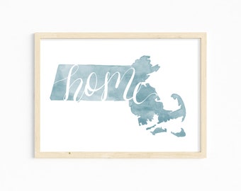 Massachusetts Hand Lettered "Home" Watercolor Print INSTANT DIGITAL DOWNLOAD