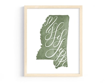 Hand Lettered Mississippi Print. Mississippi Home Decor. State of Mississippi Art Print. Custom Mississippi Gift. Mississippi Watercolor.