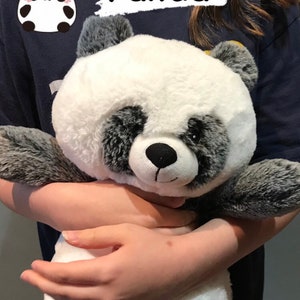 May include: A soft panda bear toy with a white body, black patches around the eyes and ears, and grey paws. The word "Panda" is written in white on a white banner. The panda is being held by a person.