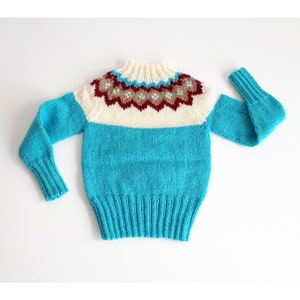 Hand knit Lopapeysa Kids Sweater  Nordic Yoke Icelandic Style Pullover Jumper Turquoise Handmade Vintage Wool 14&quot;x10&quot; Unused