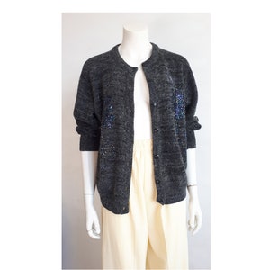 JACQUES ESTEREL Sequined Cardigan Sweater S/M Buttoned Grey fRENCH Vintage