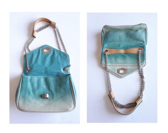 Blue Leather Clutch Bag Y2K Chain Strap Handbag Vintage 12" x 6"