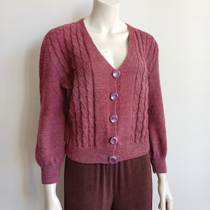 Handmade Wool Cardigan Hand-knitted Sweater S/M Buttoned Up Vintage 70&#39;s Burgundy Maroon Wine Dark Pink V-neck Vintage