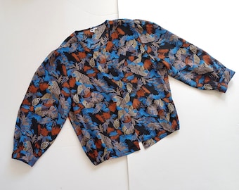 Camicetta blu con motivo astratto vintage abbottonata taglia M in poliestere vintage