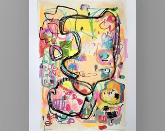 May include: Abstract painting with a colorful, organic design. The painting features a large, yellow, organic shape with black outlines and pink, blue, and green accents. The background is a light beige color.