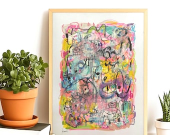 Arte astratta originale, dipinto A3, firmato e datato, tecnica mista, arte murale, Keena, acrilico, tecnica mista multicolore, arte tecnica mista 16"x12"