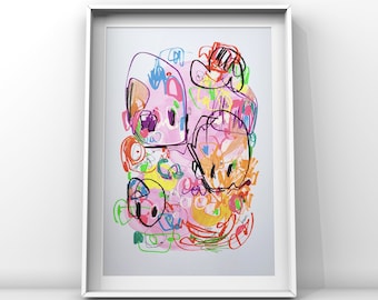 Peut inclure: Peinture abstraite avec des formes et des lignes colorées sur un fond blanc. La peinture présente des couleurs rose, orange, jaune, vert, bleu et violet. Les formes sont principalement circulaires et ovales, avec quelques lignes et gribouillis.