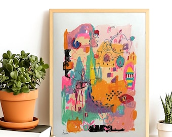 Arte astratta originale, dipinto A3, firmato e datato, tecnica mista, arte murale, Keena, acrilico, tecnica mista multicolore, arte tecnica mista 16"x12"
