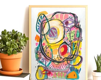 Arte astratta originale, dipinto A3, firmato e datato, tecnica mista, arte murale, Keena, acrilico, tecnica mista multicolore, arte tecnica mista 16"x12"