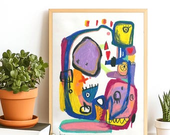 Art abstrait original, peinture A3, daté et signé, technique mixte, art mural, Keena, acrylique, technique mixte multicolore, technique mixte 16 x 12 po