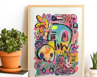 Arte astratta originale, dipinto A3, firmato e datato, tecnica mista, arte murale, Keena, acrilico, tecnica mista multicolore, arte tecnica mista 16"x12"