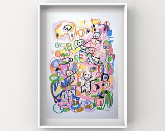 Op de afbeelding: Abstract schilderij met een roze, witte en blauwe achtergrond. Het schilderij bevat een verscheidenheid aan kleurrijke vormen en lijnen, waaronder cirkels, vierkanten en kronkels. Het schilderij is ingelijst in een wit frame.