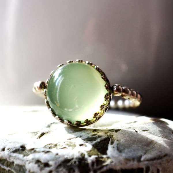 Natural Prehnite Gemstone Sterling Silver Ring - Handmade Prehnite Statement Silver Ring - Bohochic Floral Ring - Opal Green Size 7 Ring