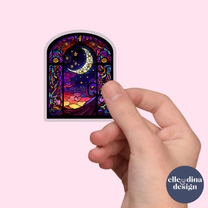 Witchy Moon Sticker Clear Vinyl, Stained Glass Window Transparent Sticker, Laptop Sticker, Moonscape Sticker, Journal Decal, Magical Night