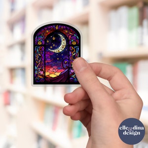 Witchy Moon Sticker Clear Vinyl, Stained Glass Window Transparent Sticker, Laptop Sticker, Moonscape Sticker, Journal Decal, Magical Night
