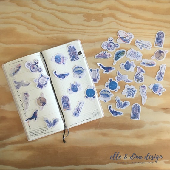 Blue Theme Watercolour Sticker Set, Whale Sea Life Planet Music 46 Pk, Japanese Stationery, Planner Decoration, Grid Dot Journal | EDD123 Il_570xn