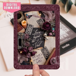 May include: A digital download featuring a dark romance theme. The image includes the text "Love beyond the Veil" and "Until death do us part is for quitters." Decorative elements include roses, butterflies, skulls, and tarot cards.