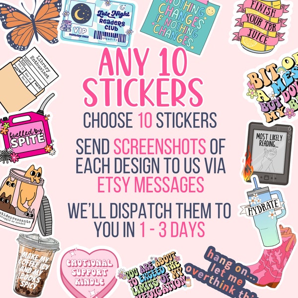 Any 10 Stickers of YOUR CHOICE, Fun Gift for Her, Kindle Stickers, Aesthetic Laptop iPad Phone Computer Waterproof Sticker Pack