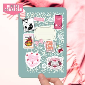 May include: A digital download featuring a teal composition notebook design with various stickers. Stickers include a couple kissing, a phone, a bow, cherries, and text that reads "Book Lover" and "Sip Tea Read Books". The words "Digital Download" are also present.