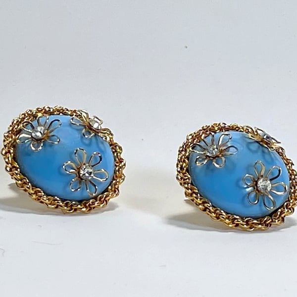 Vintage Coro Robbin Egg Blue Domed Earrings with Rhinestone Flowers Daisies Gold Tone Setting Clip Earrings