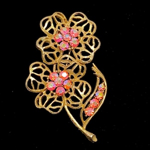 Pink AB Rhinestone Flower Brooch: Textured Gold Tone, Mid-Century