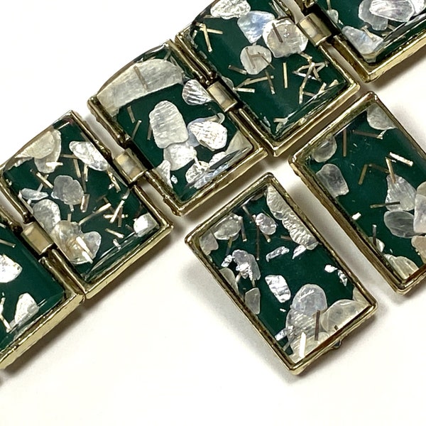 Confetti Lucite Bracelet & Earrings Forest Green with Silver Tone Confetti mixed with Mother of Pearl Chips