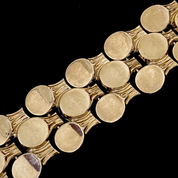 Chunky Gold Tone Link Bracelet Circles Textured Flexible Warm Gold 60's Classic Modernist Clean Lines Excellent Condition