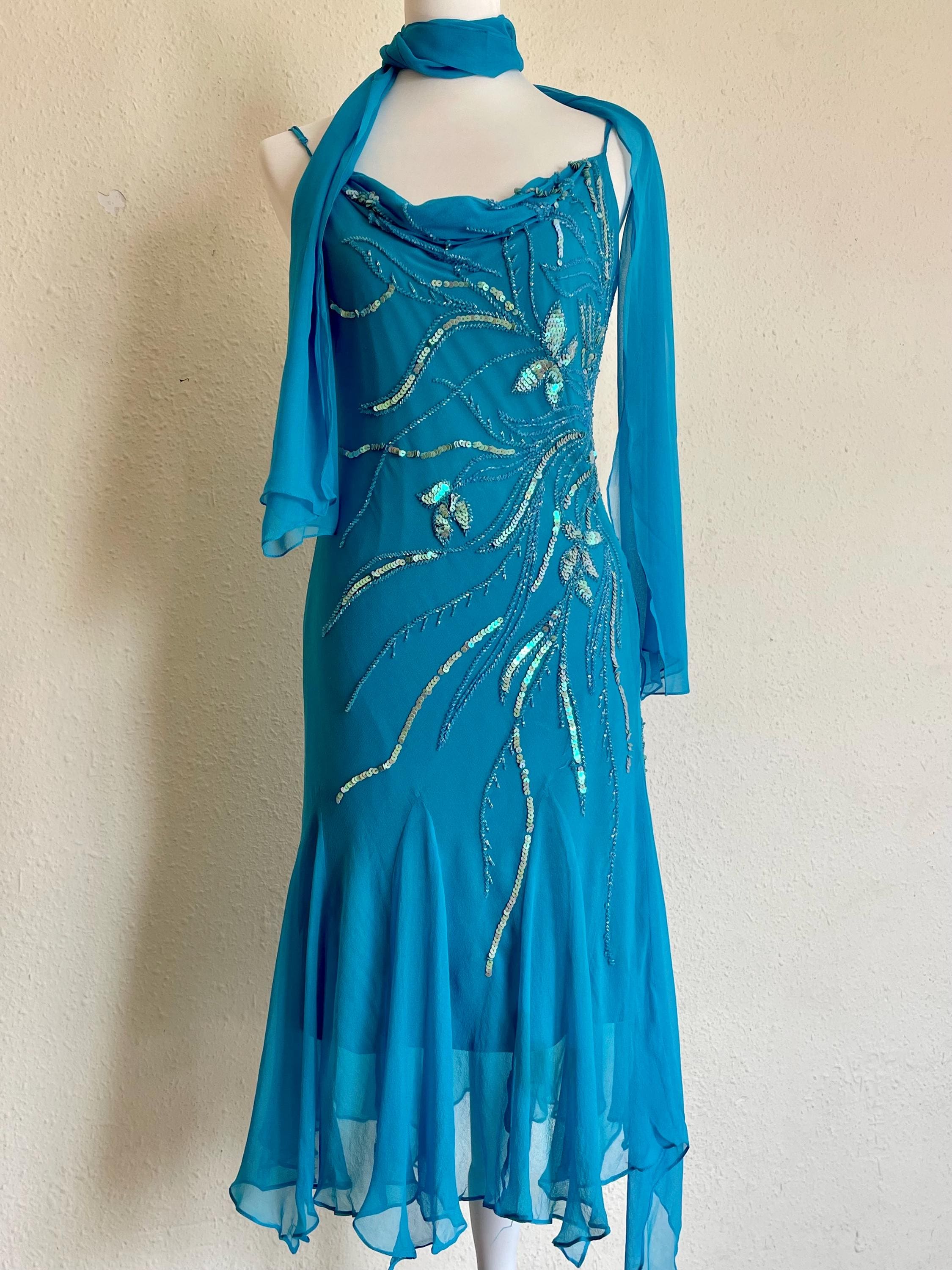 Beaded Silk Chiffon Gown: Teal Y2K Fairy Formal Dress with Scarf