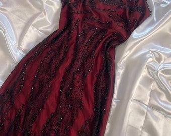 Goth Vintage Prom Dress -  90's Mesh Red and Black Gown - Vampy Formal Evening Wear -  Whismigoth 1990's Black Tie Event -  Dark Fairy Dress