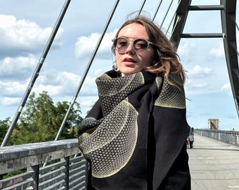 Designer triangular scarf black gold silver winter organic cotton sweat specially hand screen printed cuddly XL shoulder scarf delicate linen noble limited
