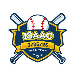 May include: A baseball-themed logo with a white baseball and red stitching, crossed bats, and a shield shape. The logo includes the name "ISAAC", date "3/25/25", and "BAR MITZVAH" text, with Star of David symbols.